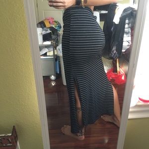 Striped long Slit Skirt Both Sides Black + Grey